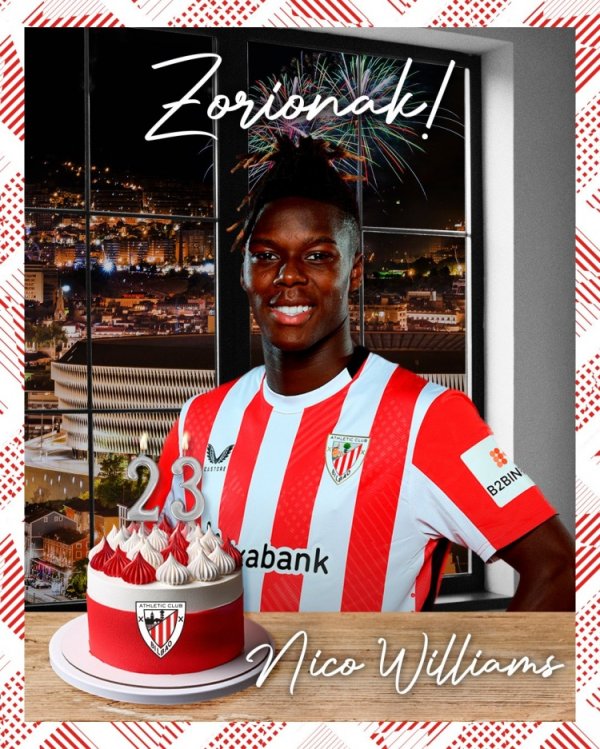 毕尔巴鄂官方祝尼科23岁生日快乐，球员为毕巴出战167场31