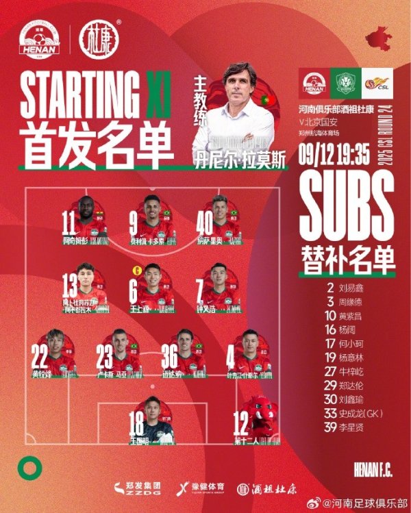 中超职业联赛  第24轮，河南VS北京国安杆位及后备  队员