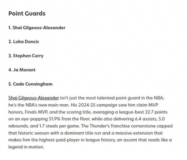 FW列联盟最具天赋控卫: 亚历山大无悬念居首, 东契奇力压库