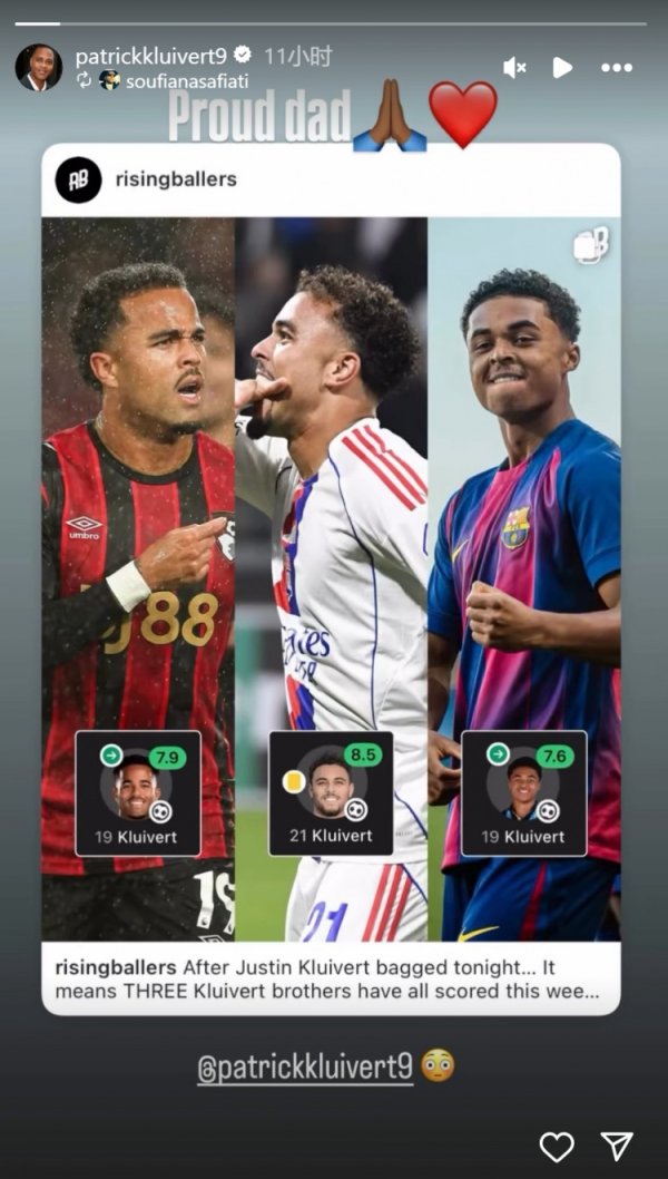 三个儿子本周皆得分  ！克鲁伊维特转发相关新闻：骄傲的爸爸