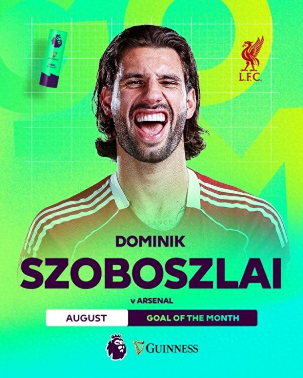 出色  绝伦! 索博对阵阿森纳任意球得分, 当选英超8月最佳